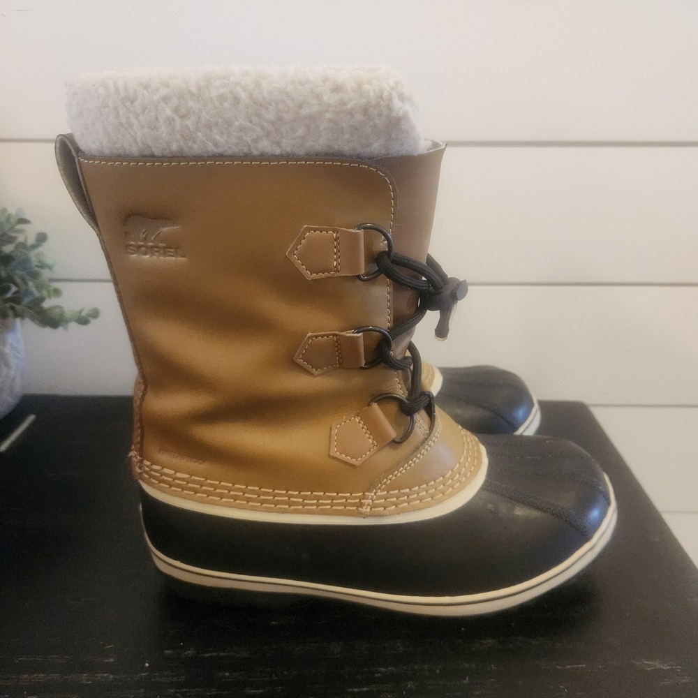 Sorel Caribou Kids Waterproof Snow Boots Brown Black Leather Sherpa Trim